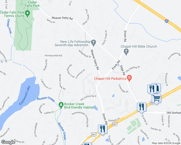 map of restaurants, bars, coffee shops, grocery stores, and more near 315 Kirkwood Drive in Chapel Hill