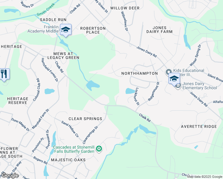 map of restaurants, bars, coffee shops, grocery stores, and more near 1629 Chalk Road in Wake Forest
