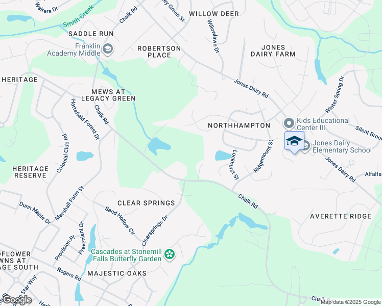 map of restaurants, bars, coffee shops, grocery stores, and more near 1629 Chalk Road in Wake Forest