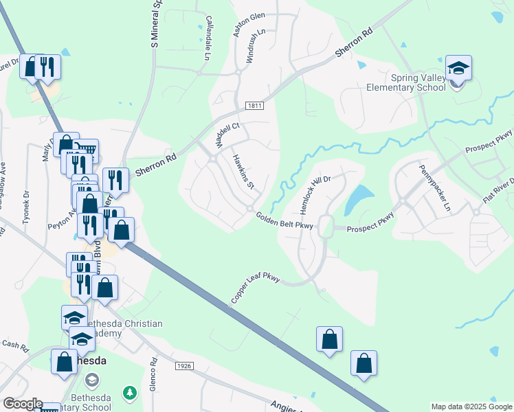 map of restaurants, bars, coffee shops, grocery stores, and more near 1705 Creighton Hall Way in Durham