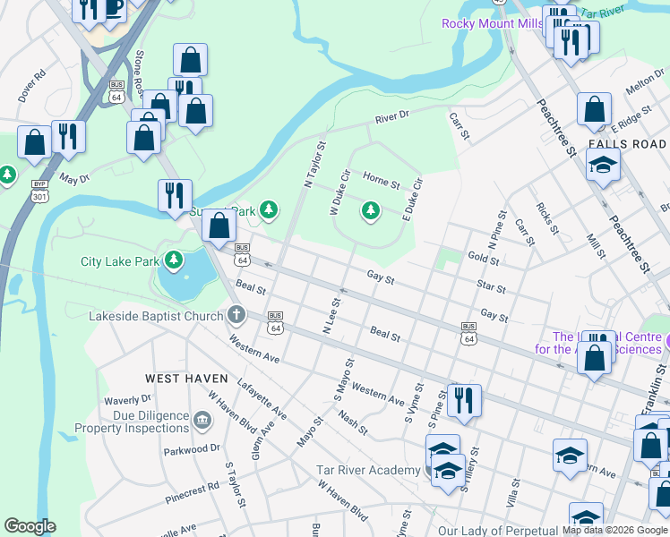 map of restaurants, bars, coffee shops, grocery stores, and more near 1304 Gay Street in Rocky Mount