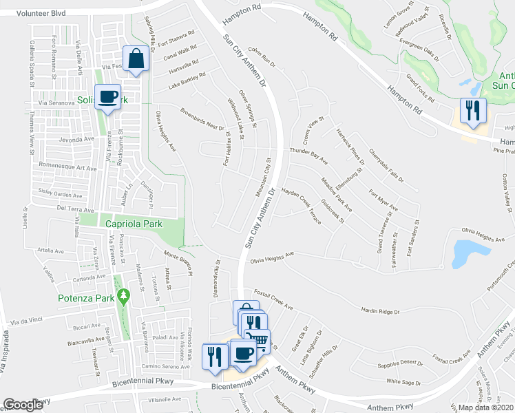 map of restaurants, bars, coffee shops, grocery stores, and more near 2148 Mountain City Street in Henderson