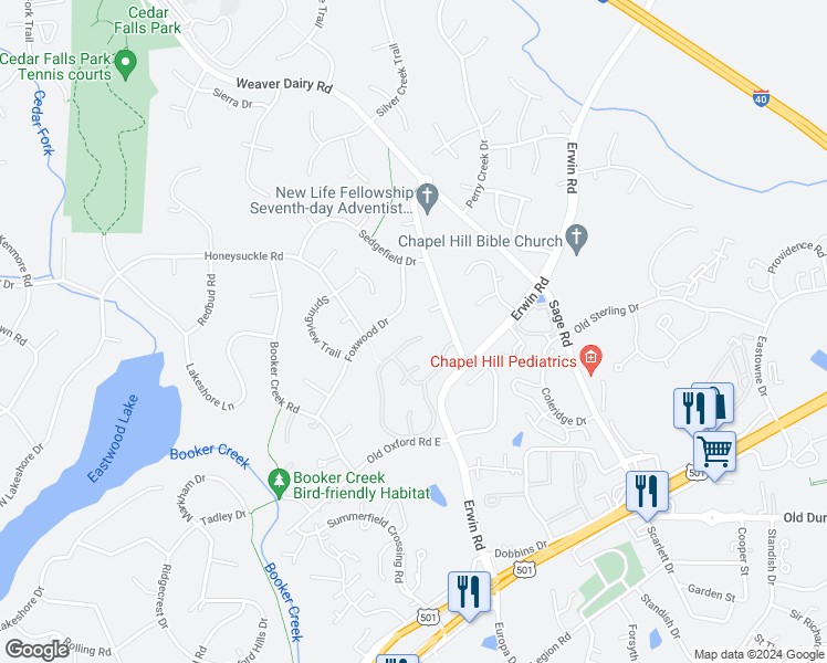 map of restaurants, bars, coffee shops, grocery stores, and more near 315 Kirkwood Drive in Chapel Hill