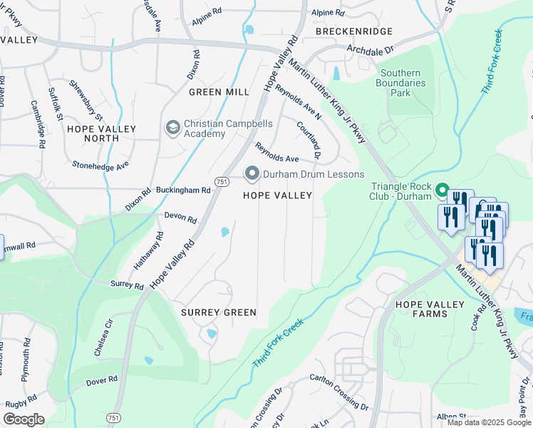 map of restaurants, bars, coffee shops, grocery stores, and more near 3523 Hamstead Court in Durham
