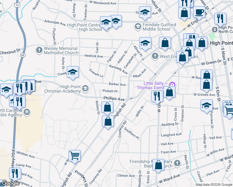 map of restaurants, bars, coffee shops, grocery stores, and more near 312 Pickett Place in High Point