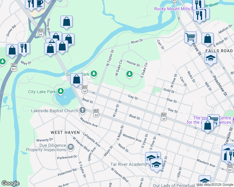 map of restaurants, bars, coffee shops, grocery stores, and more near 1304 Gay Street in Rocky Mount