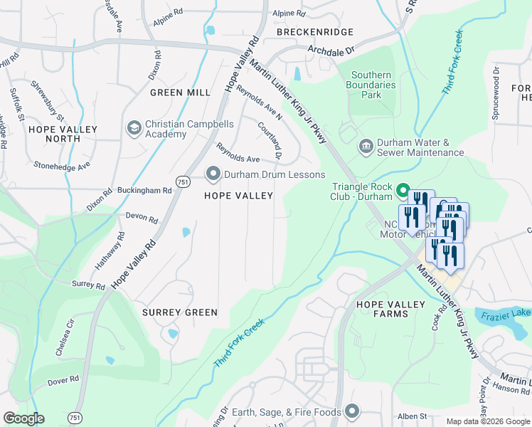 map of restaurants, bars, coffee shops, grocery stores, and more near 3510 Courtland Drive in Durham