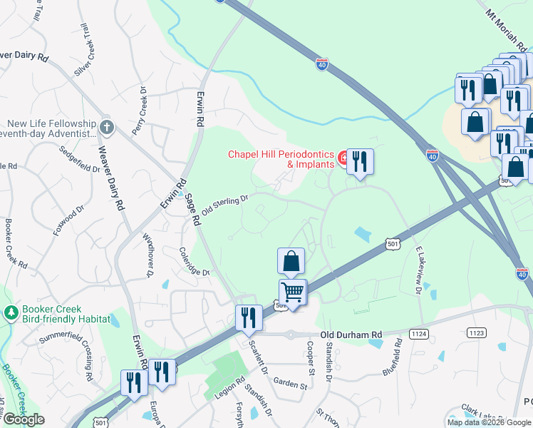 map of restaurants, bars, coffee shops, grocery stores, and more near 1133 Arborgate Circle in Chapel Hill