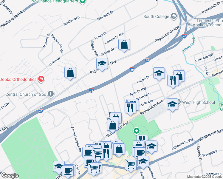 map of restaurants, bars, coffee shops, grocery stores, and more near 912 Hollywood Road in Knoxville
