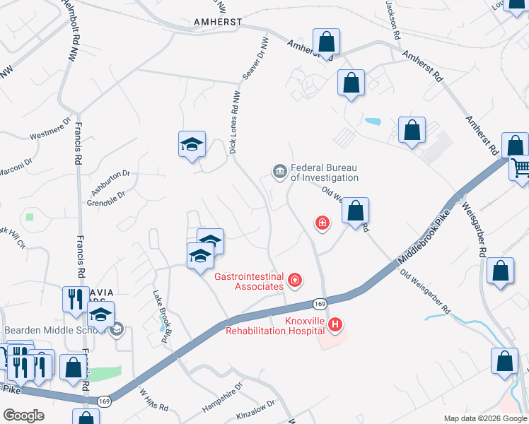 map of restaurants, bars, coffee shops, grocery stores, and more near 6818 Avensong Lane in Knoxville
