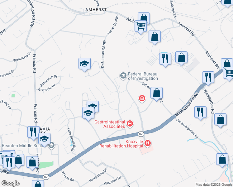 map of restaurants, bars, coffee shops, grocery stores, and more near 6818 Avensong Lane in Knoxville