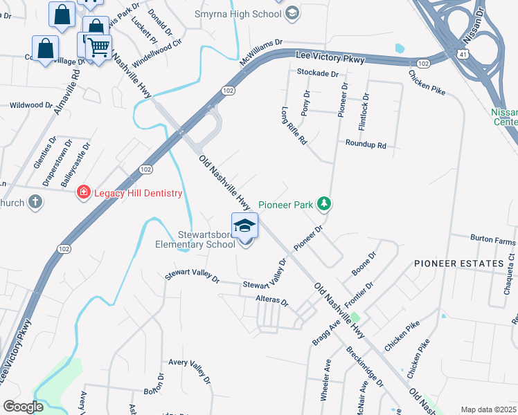 map of restaurants, bars, coffee shops, grocery stores, and more near 10602 Old Nashville Highway in Smyrna