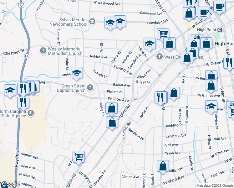 map of restaurants, bars, coffee shops, grocery stores, and more near 312 Pickett Place in High Point