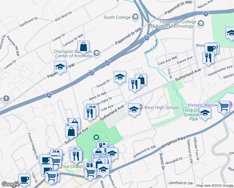 map of restaurants, bars, coffee shops, grocery stores, and more near 4104 Apex Drive Northwest in Knoxville