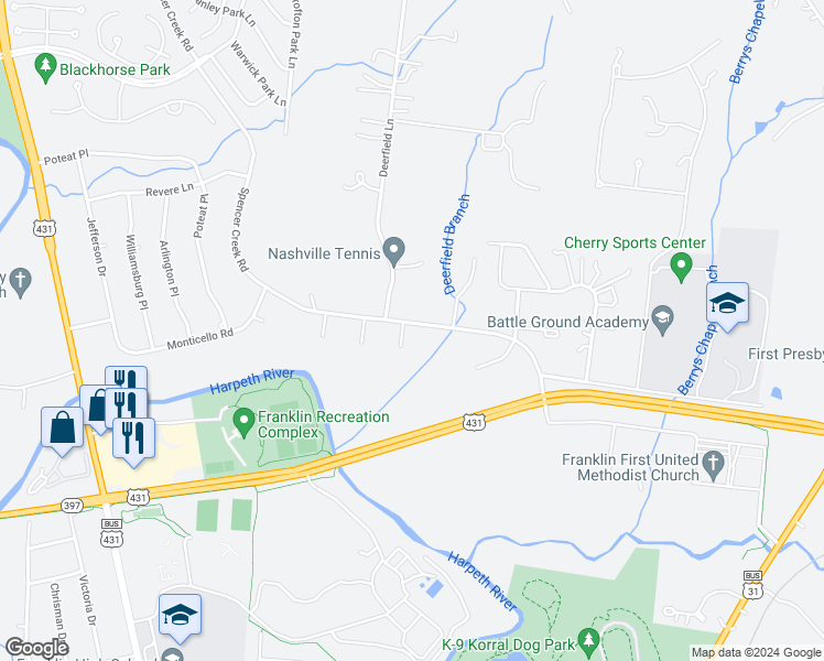 map of restaurants, bars, coffee shops, grocery stores, and more near 104 Broadley Court in Franklin