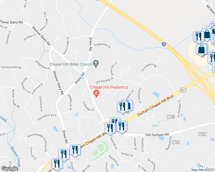 map of restaurants, bars, coffee shops, grocery stores, and more near 712 Providence Glen Drive in Chapel Hill