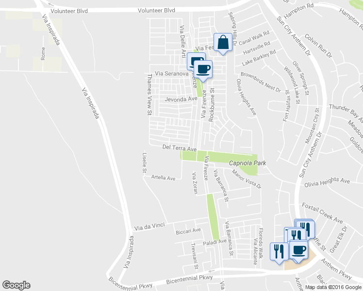 map of restaurants, bars, coffee shops, grocery stores, and more near 3186 Del Terra Avenue in Henderson