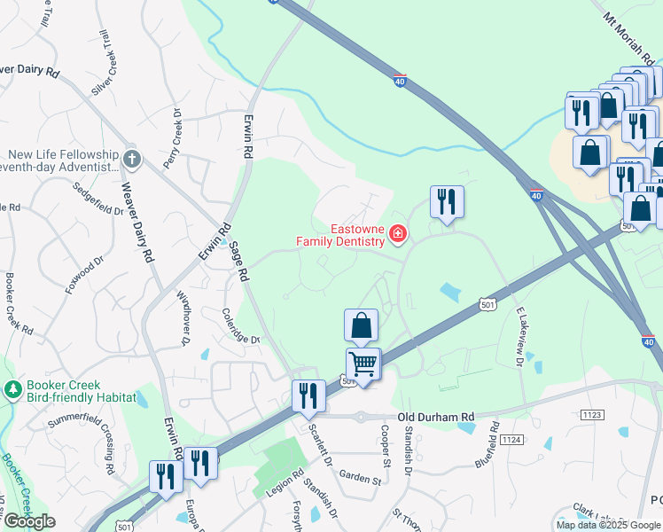 map of restaurants, bars, coffee shops, grocery stores, and more near 1011 Arborgate Circle in Chapel Hill