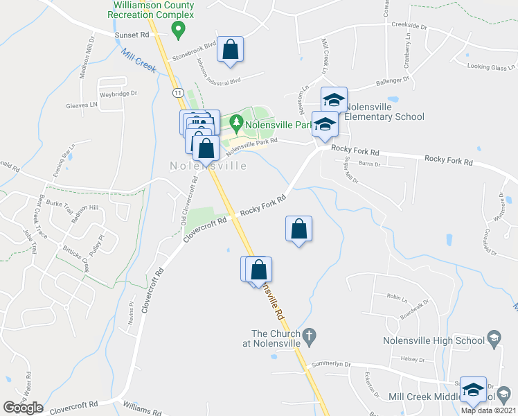 map of restaurants, bars, coffee shops, grocery stores, and more near 2313 Rocky Fork Road in Nolensville