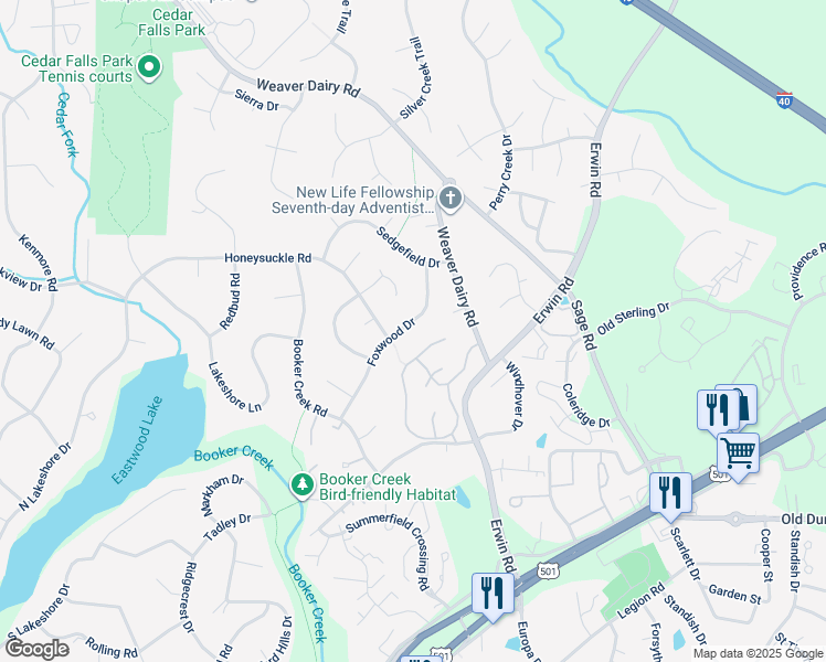 map of restaurants, bars, coffee shops, grocery stores, and more near 2477 Foxwood Drive in Chapel Hill