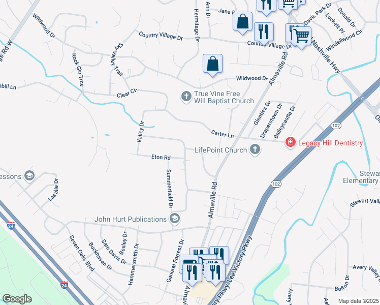 map of restaurants, bars, coffee shops, grocery stores, and more near 720 Valley Green Drive in Smyrna