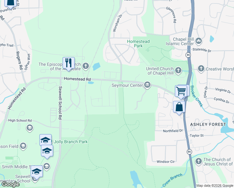 map of restaurants, bars, coffee shops, grocery stores, and more near 2217 Homestead Road in Chapel Hill