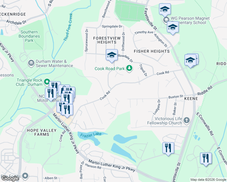 map of restaurants, bars, coffee shops, grocery stores, and more near 717 Cook Road in Durham