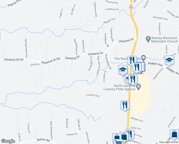 map of restaurants, bars, coffee shops, grocery stores, and more near Huntington Circle in High Point