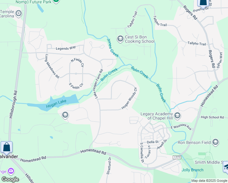 map of restaurants, bars, coffee shops, grocery stores, and more near 409 Hogan Woods Circle in Chapel Hill