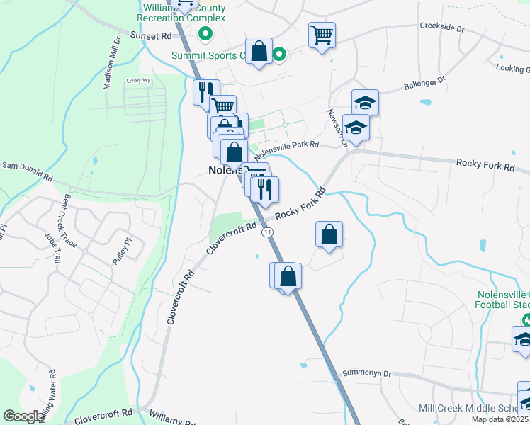 map of restaurants, bars, coffee shops, grocery stores, and more near 7340 U.S. 41A in Nolensville