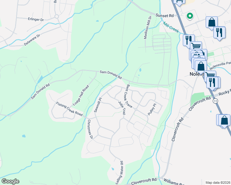 map of restaurants, bars, coffee shops, grocery stores, and more near 4545 Sawmill Place in Nolensville