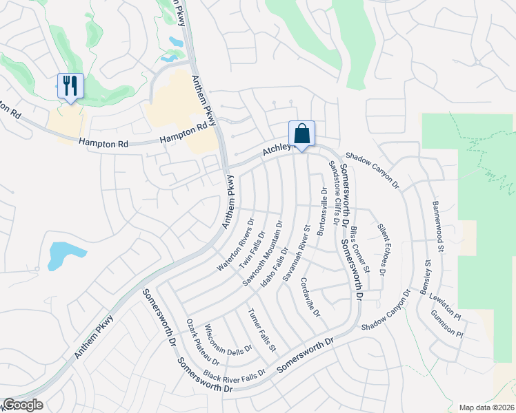 map of restaurants, bars, coffee shops, grocery stores, and more near 2114 Waterton Rivers Drive in Henderson