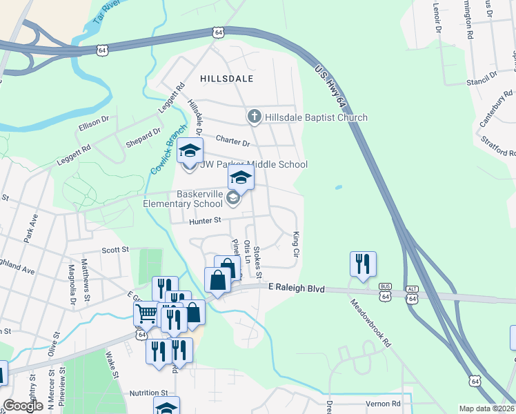 map of restaurants, bars, coffee shops, grocery stores, and more near 1113 Stokes Street in Rocky Mount
