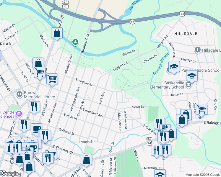 map of restaurants, bars, coffee shops, grocery stores, and more near 710 Park Avenue in Rocky Mount