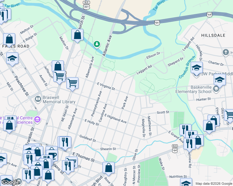 map of restaurants, bars, coffee shops, grocery stores, and more near 518 East Virginia Street in Rocky Mount