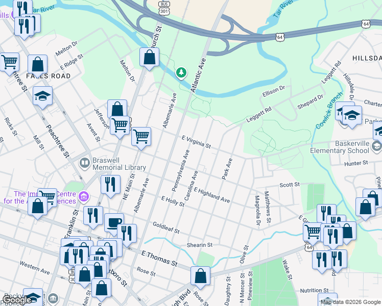map of restaurants, bars, coffee shops, grocery stores, and more near 636 Madison St in Rocky Mt