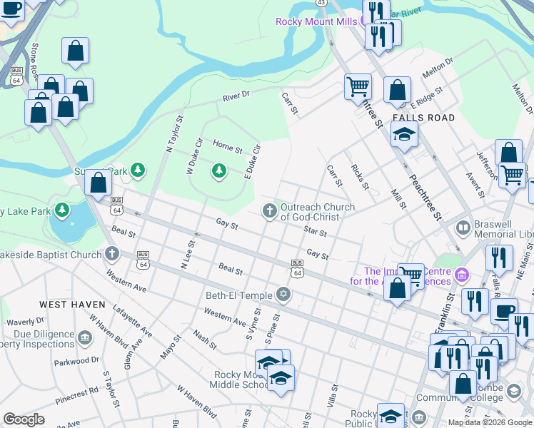 map of restaurants, bars, coffee shops, grocery stores, and more near 508 North Harris Street in Rocky Mount