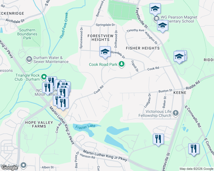 map of restaurants, bars, coffee shops, grocery stores, and more near 717 Cook Road in Durham