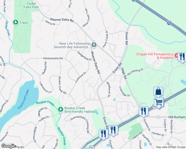 map of restaurants, bars, coffee shops, grocery stores, and more near 2471 Foxwood Drive in Chapel Hill