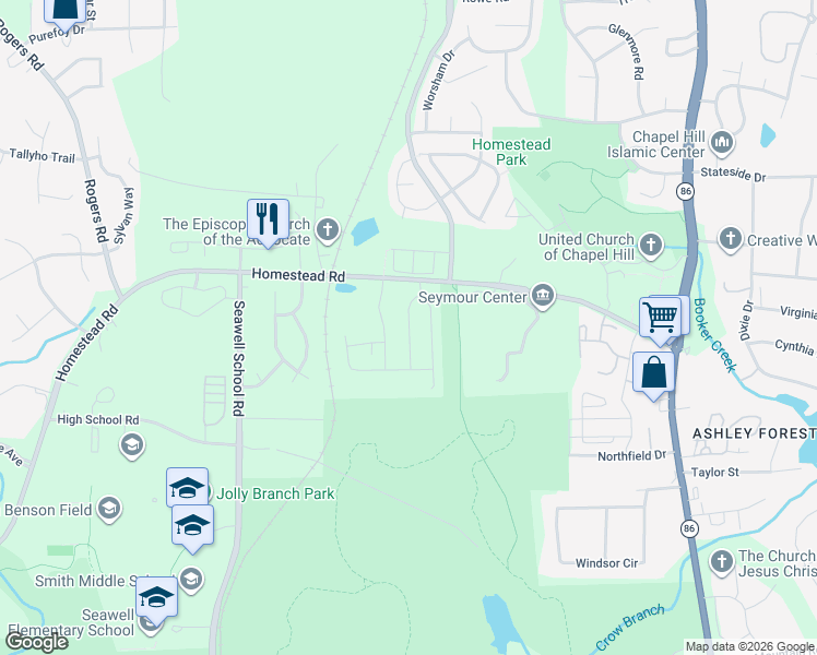 map of restaurants, bars, coffee shops, grocery stores, and more near 129 Greenway Landing in Chapel Hill