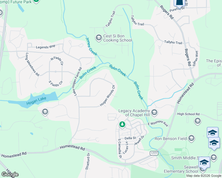 map of restaurants, bars, coffee shops, grocery stores, and more near 301 Hogan Woods Circle in Chapel Hill