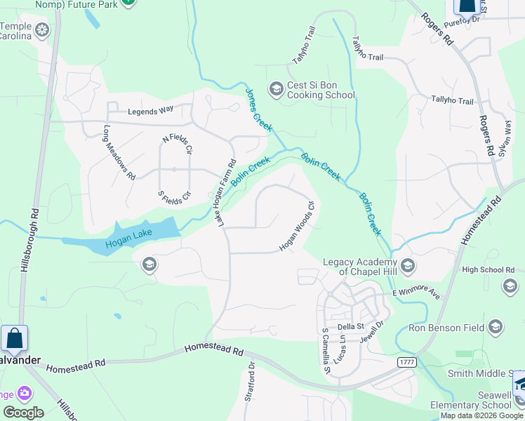map of restaurants, bars, coffee shops, grocery stores, and more near 409 Hogan Woods Circle in Chapel Hill