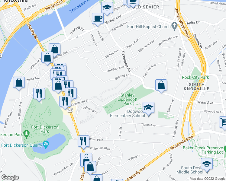 map of restaurants, bars, coffee shops, grocery stores, and more near in Knoxville