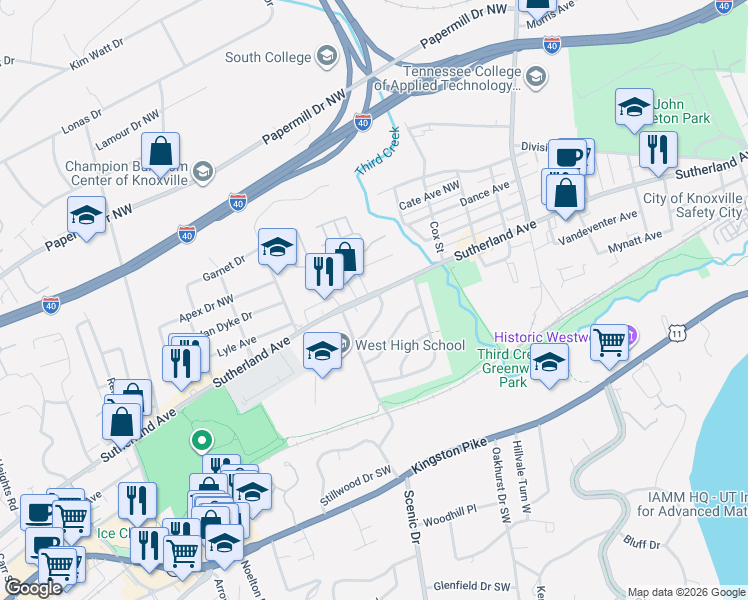 map of restaurants, bars, coffee shops, grocery stores, and more near 3240 Sutherland Avenue in Knoxville