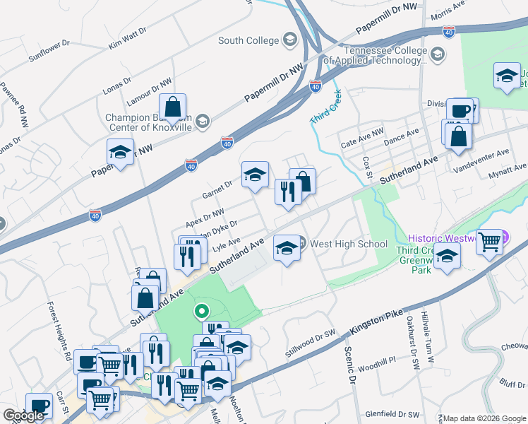 map of restaurants, bars, coffee shops, grocery stores, and more near 702 Washburn Road Northwest in Knoxville