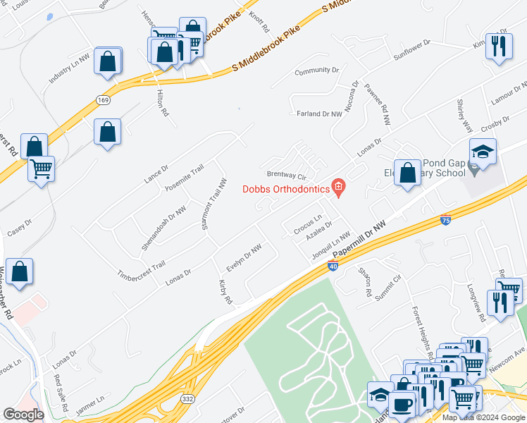 map of restaurants, bars, coffee shops, grocery stores, and more near 1601 Stone Hedge Drive in Knoxville