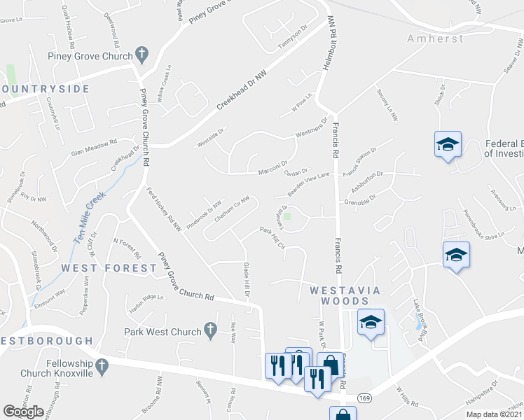 map of restaurants, bars, coffee shops, grocery stores, and more near 7636 Chatham Circle Northwest in Knoxville