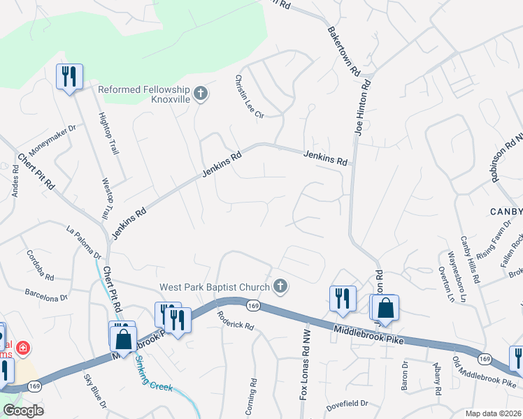 map of restaurants, bars, coffee shops, grocery stores, and more near 1416 Meeting House Lane in Knoxville