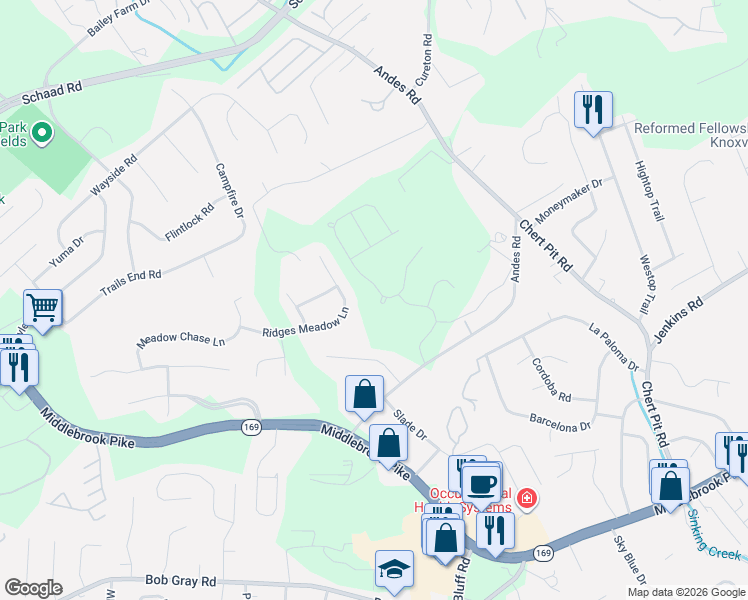 map of restaurants, bars, coffee shops, grocery stores, and more near 9312 Ridges Meadow Lane in Knoxville