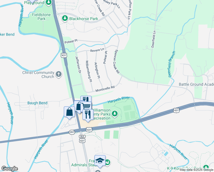 map of restaurants, bars, coffee shops, grocery stores, and more near 103 Arlington Place in Franklin